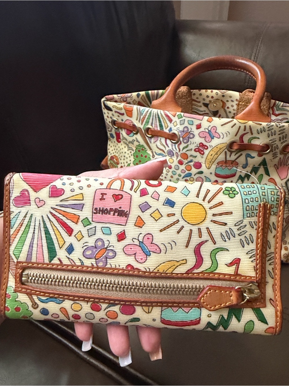 Dooney & Bourke Multicolor Doodle Satchel with Tan Leather Trim - Picture 5 of 10